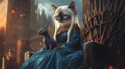 A royal cat with blue eyes and white fur wears an elaborate gown while resting on a throne. Beside it, a small dragon gazes into the distance, set against a medieval backdrop.