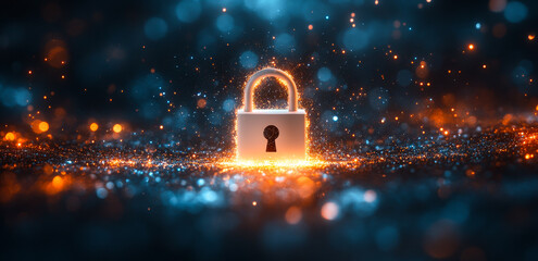 A lock with a keyhole is surrounded by a blurry background. The lock is illuminated, giving it a sense of importance and security