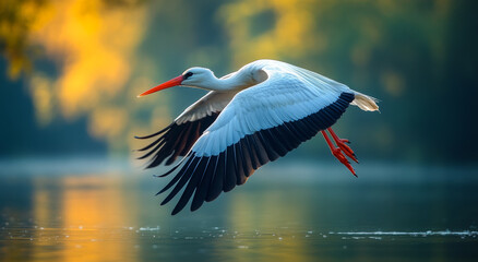 A white and black bird is flying over a body of water. The bird is in the air and has its wings spread out. The water is calm and still, creating a peaceful atmosphere