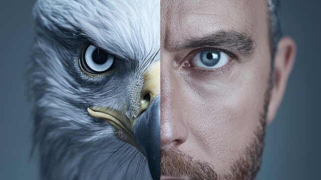 Half human, half eagle face, with one side showing sharp eagle eyes and beak, while the other displays a calm human expression.