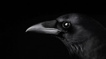 A black bird with a large eye and a pointed beak. The bird is looking directly at the camera