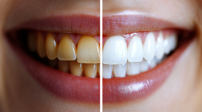 A woman's teeth, one of which is yellow and the other is white. The yellow teeth are in the left side of the image, while the white teeth are in the right side