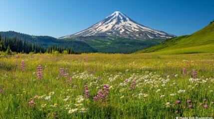 Fototapeta premium A snow-capped mountain rises above a field of wildflowers.