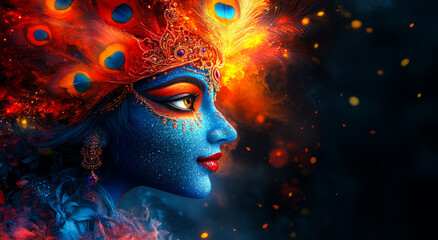 A woman with a blue face and red hair is wearing a blue and red headdress. The woman is surrounded by fire and smoke, giving the image a mystical and otherworldly feel
