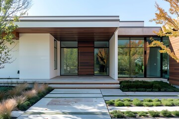 A stylish house with a clean-lined facade, wooden panel accents, and a large, frameless glass door as the entrance