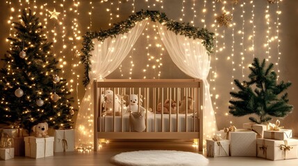 A cozy, beautifully decorated nursery with twinkling lights, festive trees, and gifts, creating a magical and inviting atmosphere for a child.