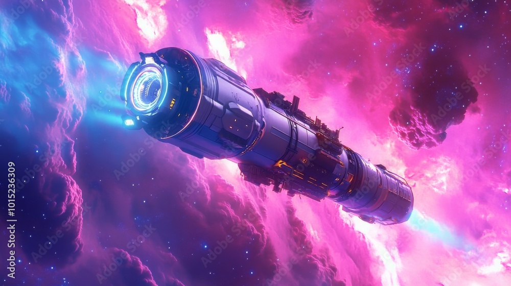 Poster a sleek spaceship glides through a kaleidoscope of colorful cosmic clouds, illuminated by vibrant bl
