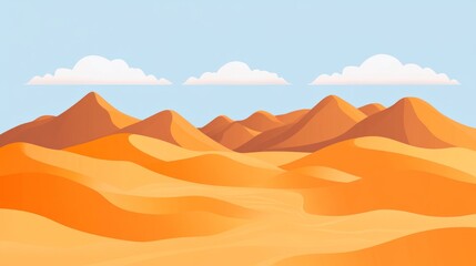 Naklejka premium A vast desert landscape with rolling sand dunes and mountains in the distance, under a clear blue sky with fluffy clouds.