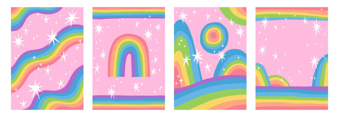 Retro rainbow background. Vintage summer pattern. Boho sun art with graphic pop wave textures. Magic iridescent. Unicorn stars. Color curve stripes. Vector abstract style banners set