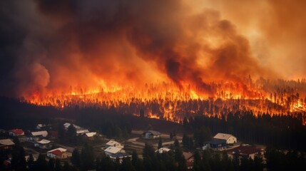 A devastating wildfire fiercely engulfs a town, highlighting the intense impact of climate change on communities and nature.