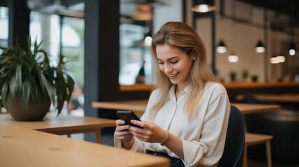 A woman smiles as she engages with her smartphone in a cozy, well-lit coworking space, surrounded by natural greenery and modern furniture.