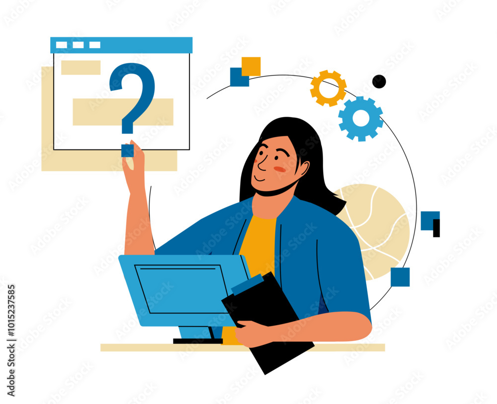 Poster Business brainstorm. Office employee. Woman solving question. Girl working at computer. FAQ web chat. Businesswoman searching professional solution. Help with answer. Vector concept