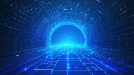 Fototapeta premium Abstract digital tunnel made of blue lines with glowing light at the end.