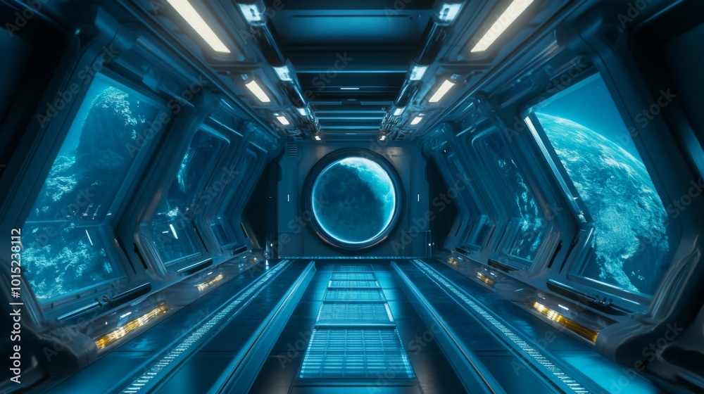 Poster A sleek, modern corridor inside a spaceship features illuminated panels and a large circular window showing Earth. The scene captures the vastness of space and the beauty of our planet.