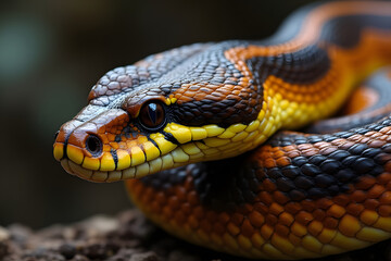 Fototapeta premium Close-up of a vibrant orange and black snake with yellow accents, showcasing detailed scales
