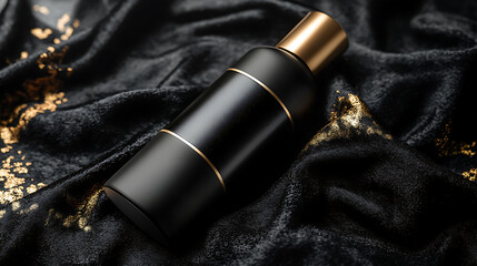 A black bottle with a gold cap and label on a black fabric with gold accents. The bottle is perfect for product photography.