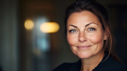 Fototapeta premium A confident adult woman smiles softly, illuminated by warm lighting. The blurred background enhances her features, making this ideal for business branding or professional profiles