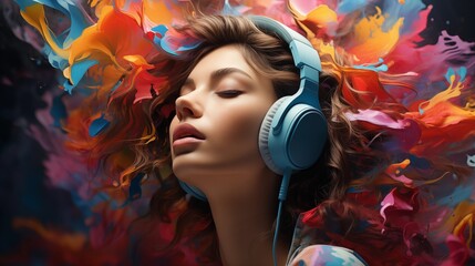 Fototapeta premium Creative music background. Colorful head wearing headphones on bright background. Sound inspiration and emotions.