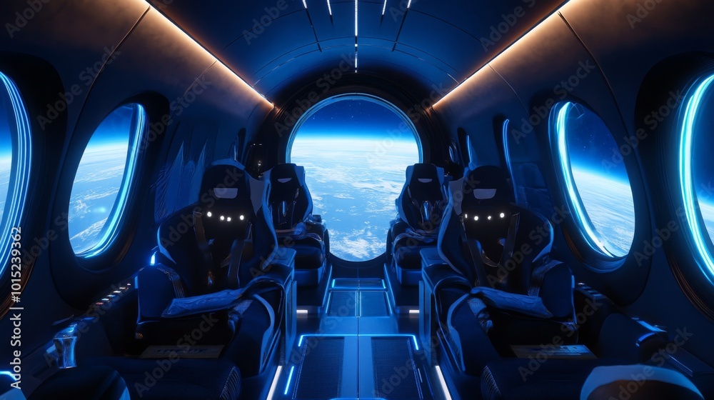 Poster inside a sleek spacecraft, rows of high-tech seats face a large window showcasing the breathtaking v