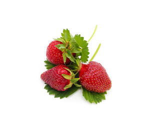 Ripe strawberry with leaves.