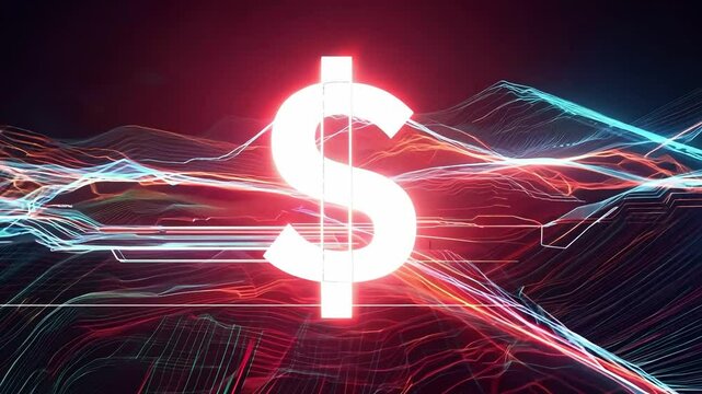 Glowing dollar sign with dynamic digital lines and red background. Finance and technology concept. Design for financial poster, banner, or header