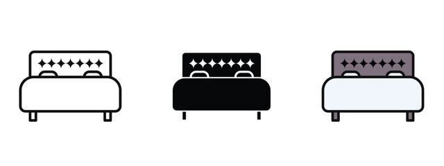 Bed icons set, Bed icon silhouette and editable colored in unexpanded vector with different color headboard and pillows.