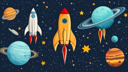 Cartoon rockets and planets on dark blue space background with stars.