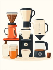 Coffee brewing equipment and cups.