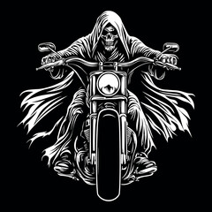 Grim Reaper on a Motorcycle - Bold Black and White Vector Illustration of a Skeleton Rider in a Hooded Cloak, Perfect for Tattoos, Biker Art, Apparel Designs, or Dark-Themed Digital Downloads.