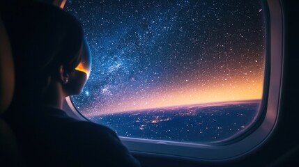 Fototapeta premium A person looks out the window of an airplane at the stars and Milky Way.
