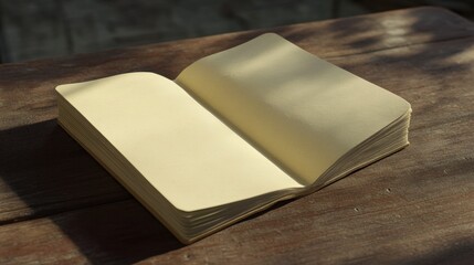 Fototapeta premium A cream-colored notebook lying open on a wooden desk, with detailed paper textures and soft shadows