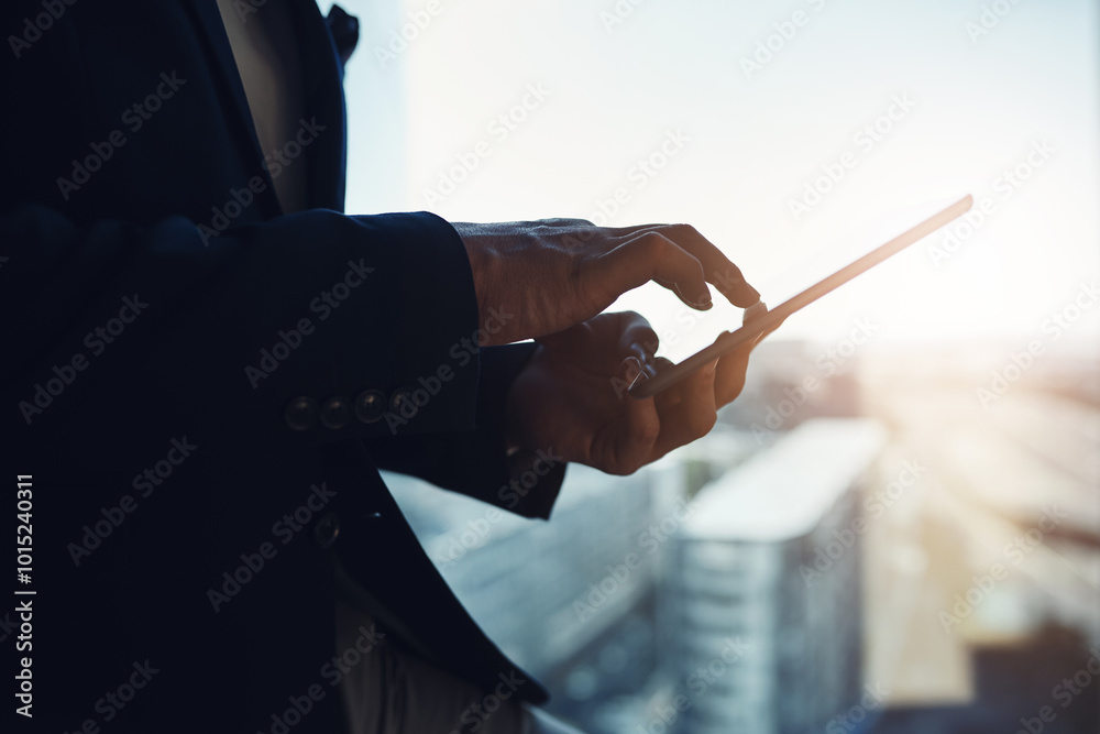 Aufkleber hands, tablet and real estate agent in office building for networking, consulting and company. perso