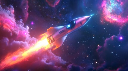 A spaceship flies through space, leaving a trail of bright orange and yellow fire behind it. The spaceship is surrounded by a field of stars and nebulae.