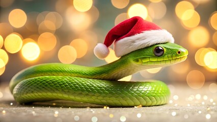 Obraz premium Green snake coiled with Santa hat and golden bokeh background.