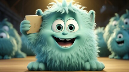 Cute blue furry monster 3D cartoon character cute furry monster green monster holding placard cartoon monster