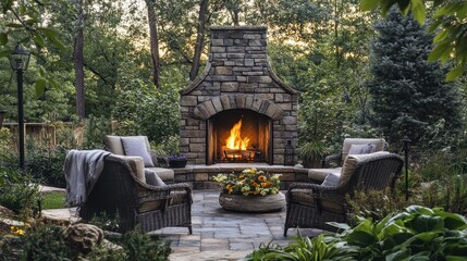 Cozy Backyard Patio with Stone Fireplace