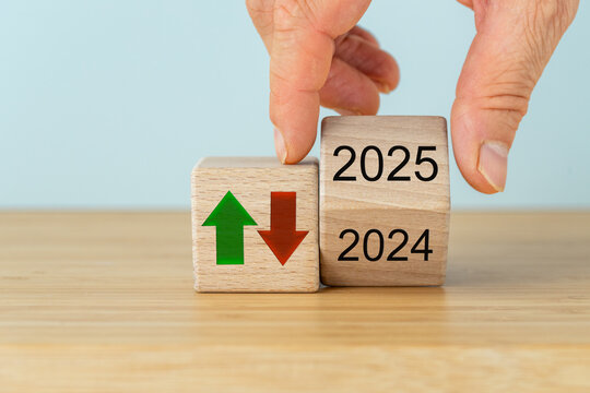 Year 2025 business concept. Economic and financial analysis, interest rates, stocks, bonds, ranking, , loan rates, Percent, up or down, arrow symbol.