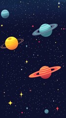Illustration of planets in space with rings and stars.