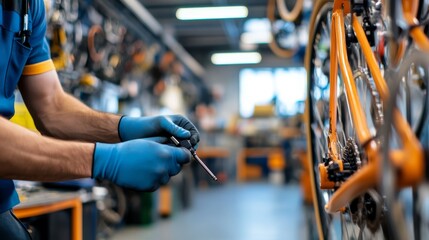 In a lively urban workshop, a gloved hand twists a screwdriver on a bicycle's brake system, surrounded by various bike parts hanging on the wall, showcasing an active repair setting