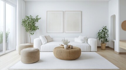 A bright living room features a comfortable white sofa paired with round woven stools and a textured coffee table