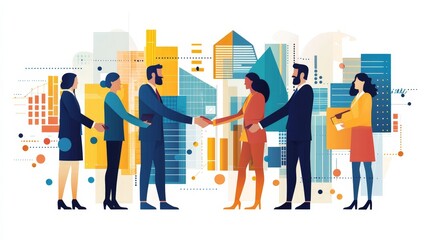 Business Partnership Agreement, Collaboration, and Handshake in a Cityscape Background