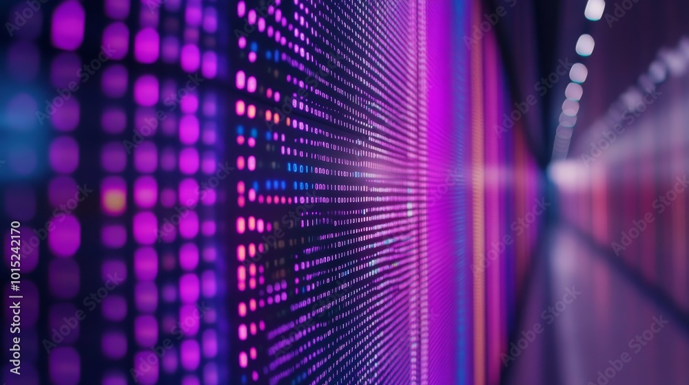 Poster An intricate LED display emits vibrant lines of binary code blending with dynamic colors, illustrating the essence of technology and data security in a contemporary environment