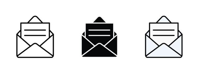 Three open envelopes icons with paper inside, Open envelope icon silhouette and editable colored in unexpanded vector form,