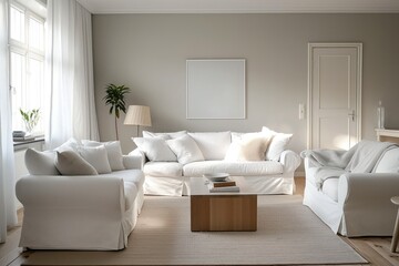 Serene living room design with white sofa, wooden coffee table, books, beige carpet, beige walls, natural from window with white curtains. Modern interior with comfortable furniture for home.