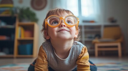 Curious Toddler in Yellow Glasses Looking Up