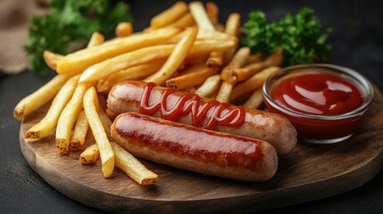 Delicious Sausages and Fries with Ketchup