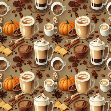 pumpkin spice latte seamless pattern coffee bariste ingredients background repeatable texture