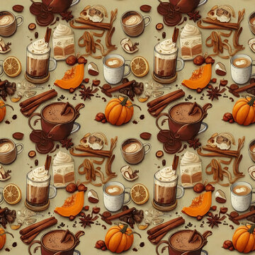 pumpkin spice latte seamless pattern coffee bariste ingredients background repeatable texture