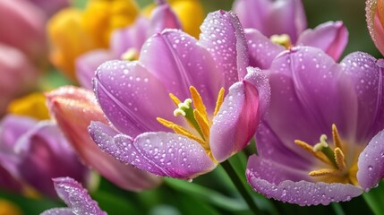 Obraz premium A detailed image of a purple tulip bouquet, with delicate petals and vibrant hues captured in soft, natural light.