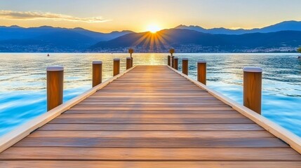 Naklejka premium Scenic Sunrise Over Mountain Lake with Wooden Pier, Tranquil Nature. Travel Background